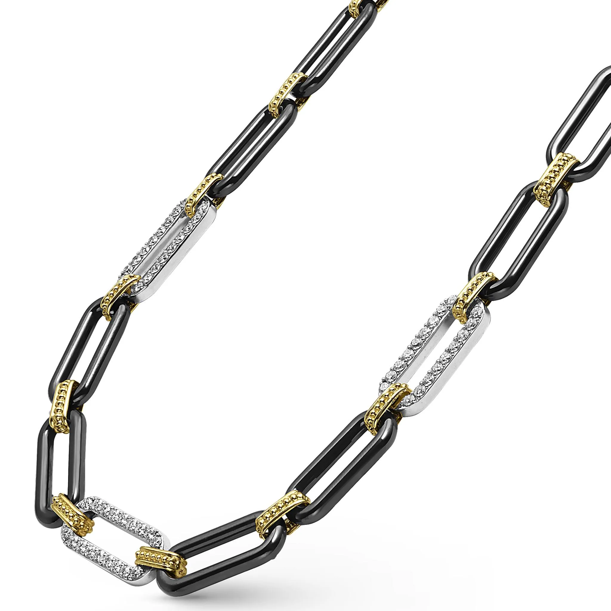 Signature Caviar 18K Gold and Black Ceramic Three Diamond Station Link Necklace | 9mm sold by LAGOS product image thumbnail 4