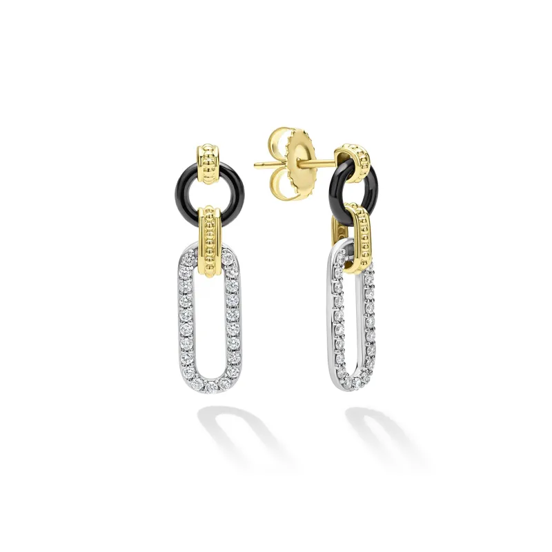 Signature Caviar Small 18K Gold and Black Ceramic Diamond Link Drop Earrings sold by LAGOS