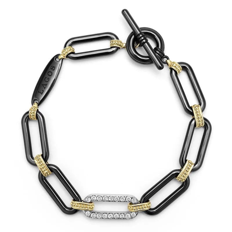 Signature Caviar 18K Gold and Black Ceramic Diamond Station Link Bracelet | 10mm sold by LAGOS