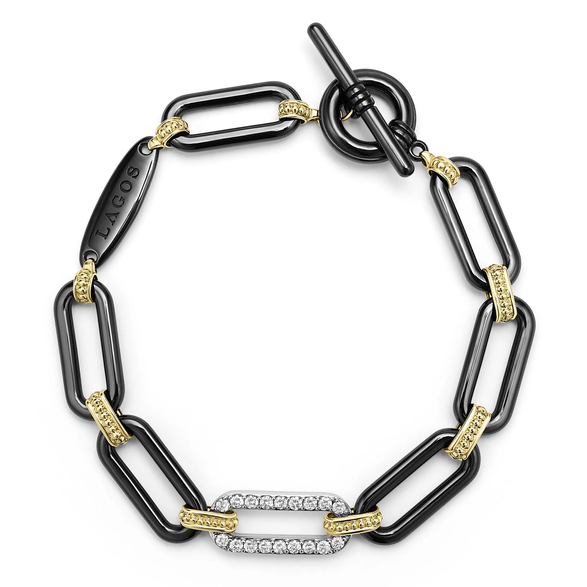 Signature Caviar 18K Gold and Black Ceramic Diamond Station Link Bracelet | 10mm sold by LAGOS