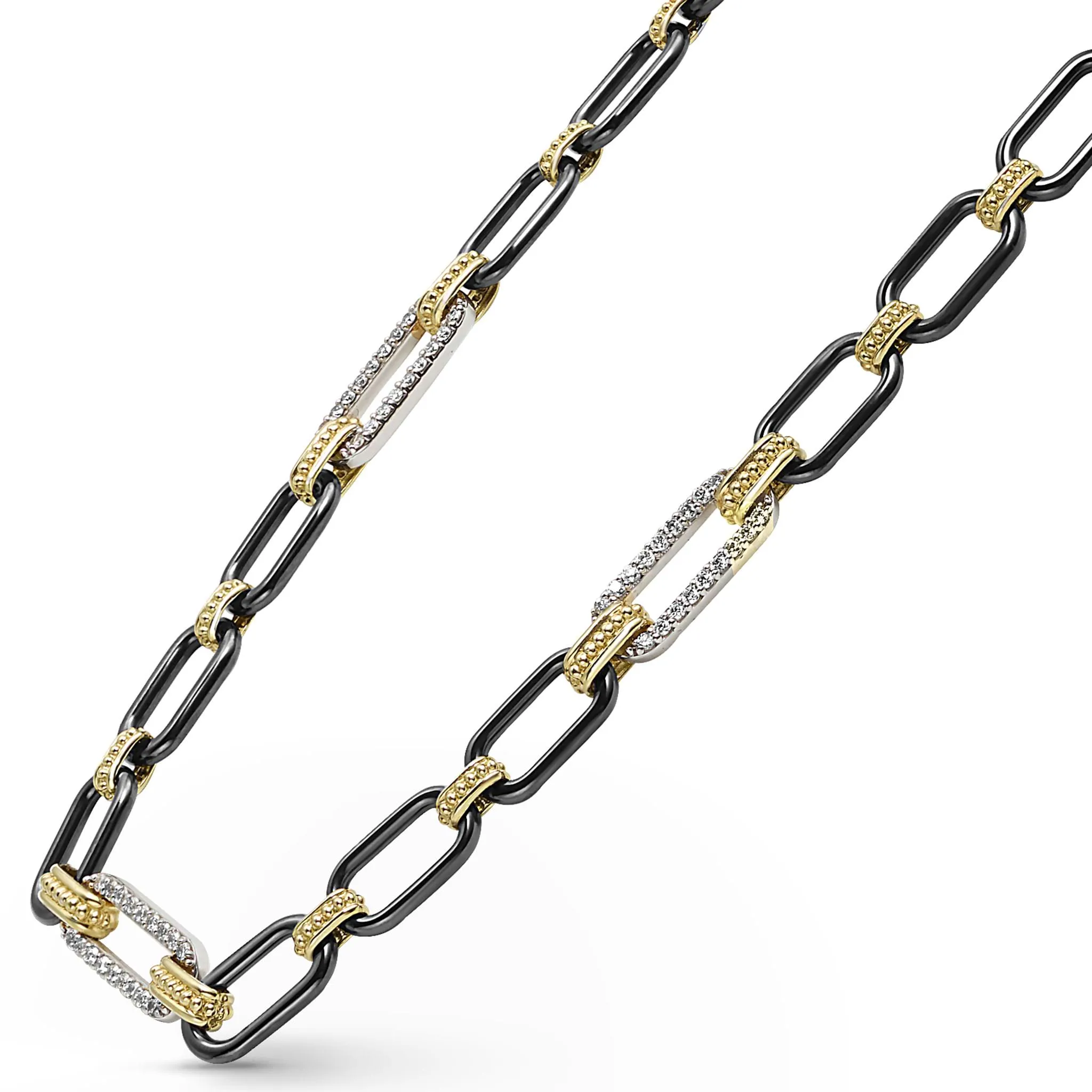 Signature Caviar 18K Gold and Black Ceramic Three Diamond Station Link Necklace | 6mm sold by LAGOS product image thumbnail 4