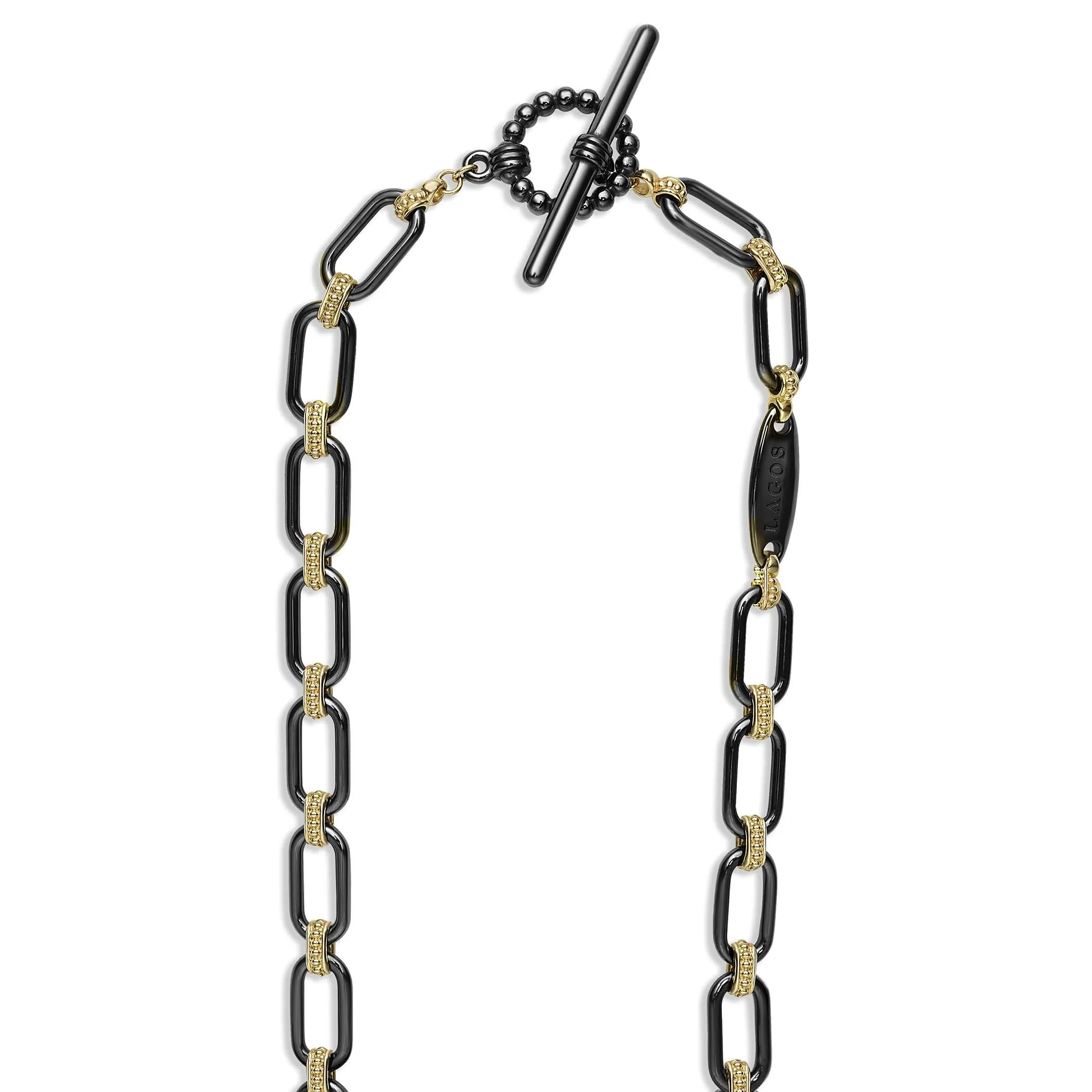 Signature Caviar 18K Gold and Black Ceramic Three Diamond Station Link Necklace | 6mm sold by LAGOS product image thumbnail 5