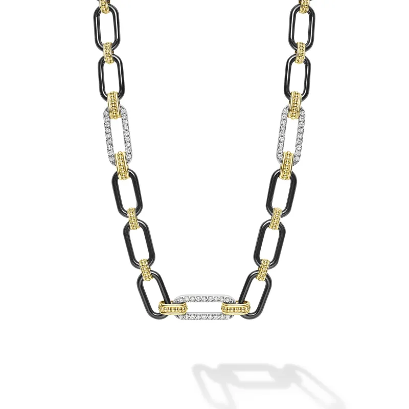 Signature Caviar 18K Gold and Black Ceramic Three Diamond Station Link Necklace | 6mm sold by LAGOS