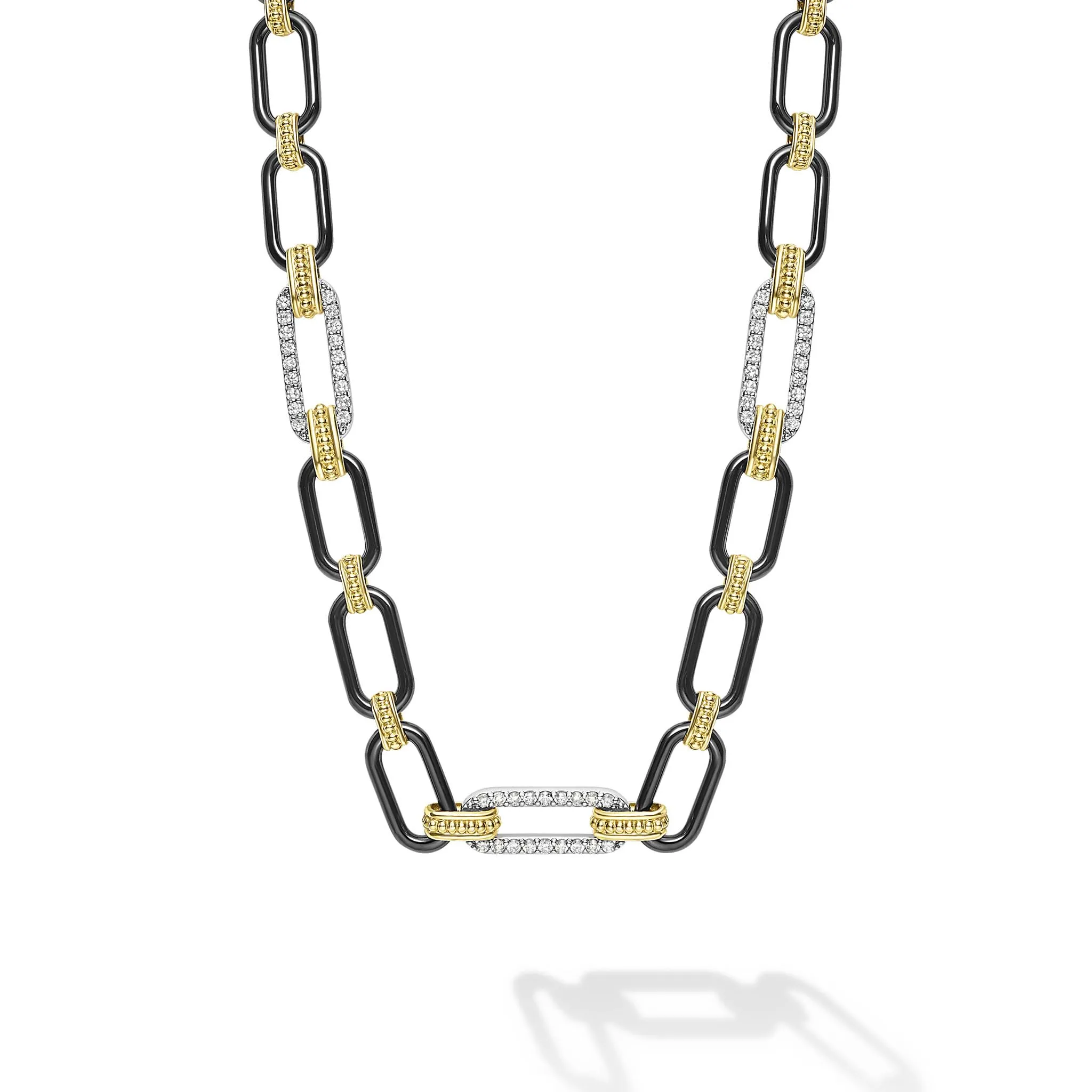Signature Caviar 18K Gold and Black Ceramic Three Diamond Station Link Necklace | 6mm sold by LAGOS