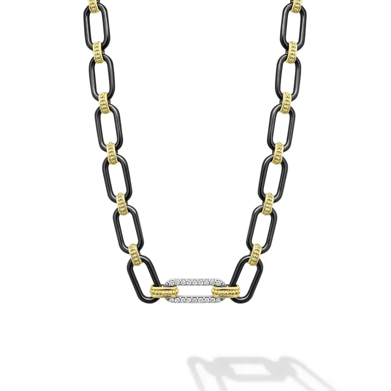Signature Caviar 18K Gold and Black Ceramic Diamond Station Link Necklace | 6mm sold by LAGOS