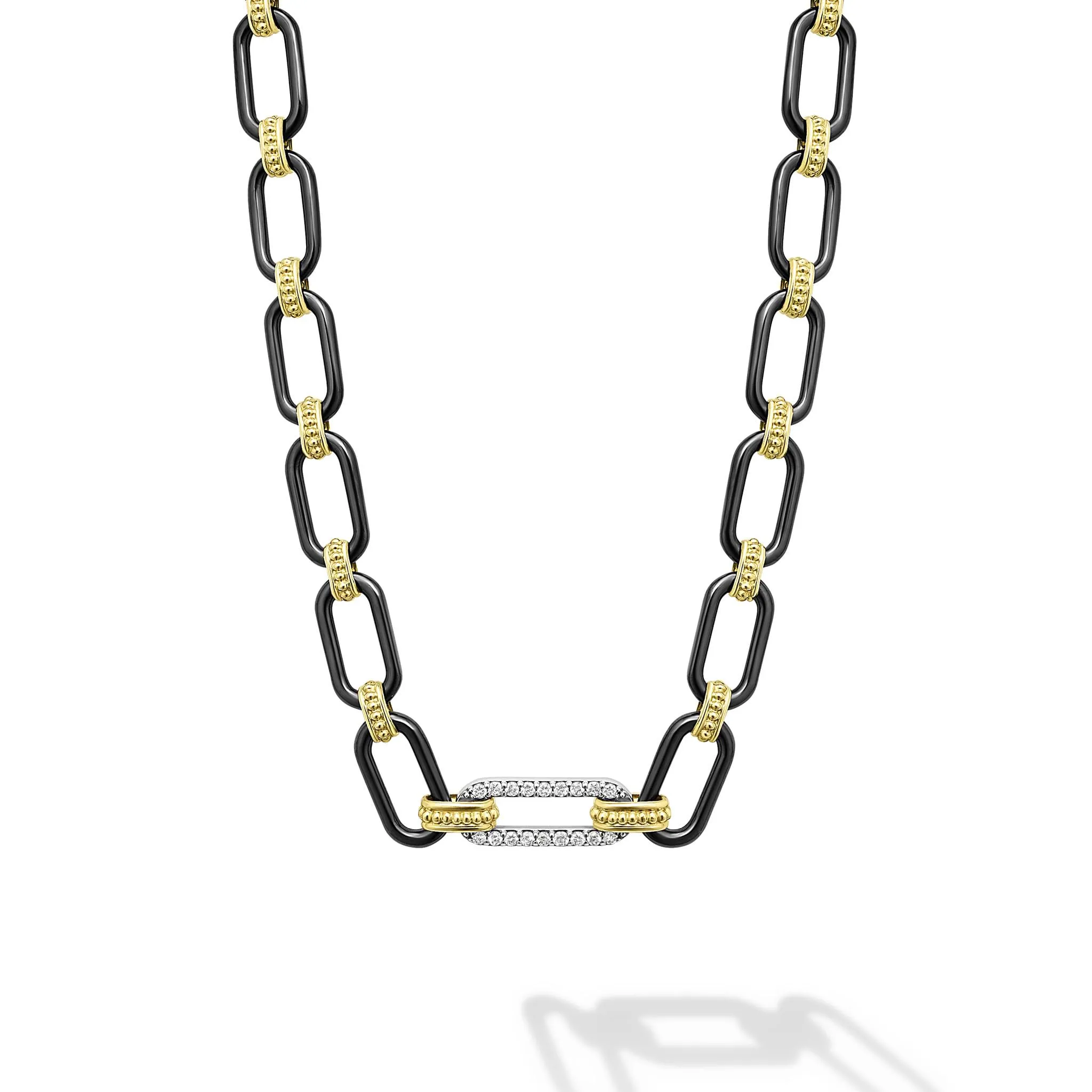 Signature Caviar 18K Gold and Black Ceramic Diamond Station Link Necklace | 6mm sold by LAGOS