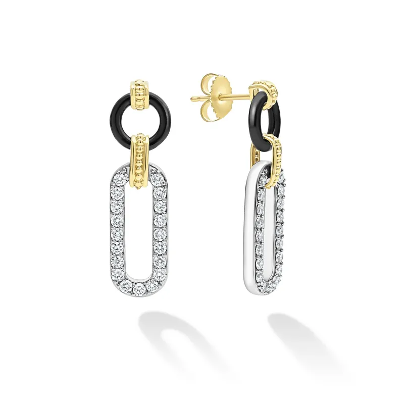 Signature Caviar 18K Gold and Black Ceramic Diamond Link Drop Earrings sold by LAGOS