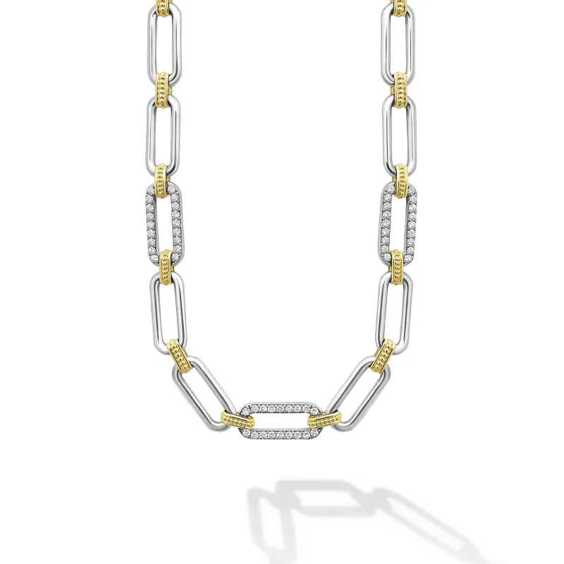 Signature Caviar Two-Tone Link Three Station Diamond Necklace sold by LAGOS