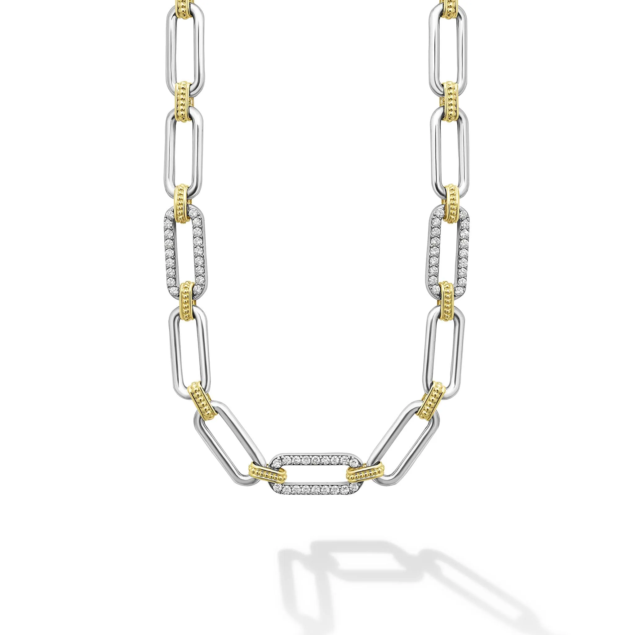 Signature Caviar Two-Tone Link Three Station Diamond Necklace sold by LAGOS