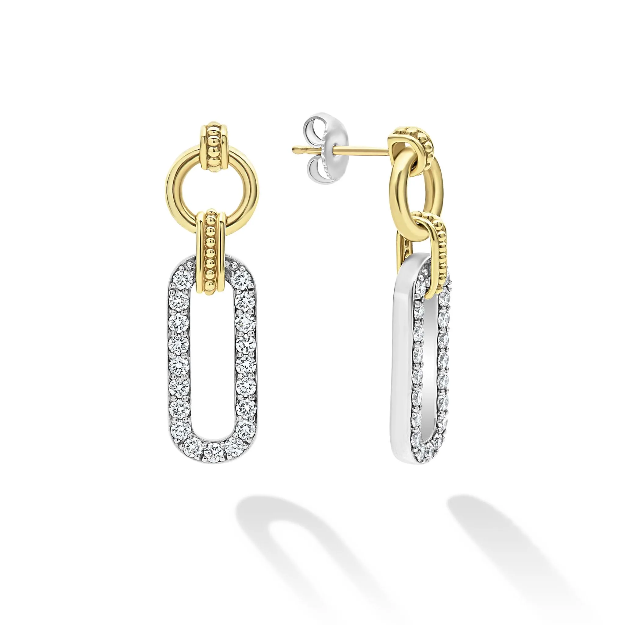 Signature Caviar Two-Tone Link Diamond Drop Earrings sold by LAGOS