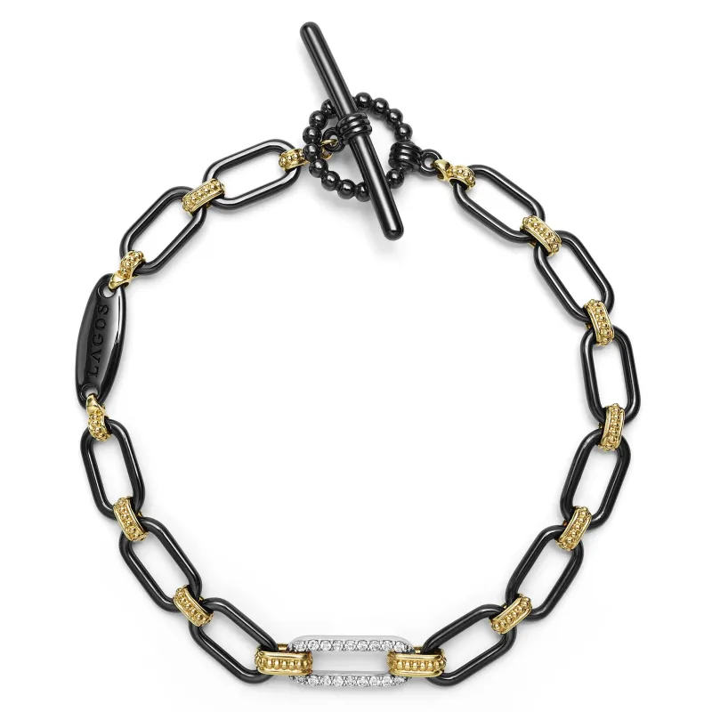 Signature Caviar 18K Gold and Black Ceramic Diamond Station Link Bracelet | 6mm sold by LAGOS