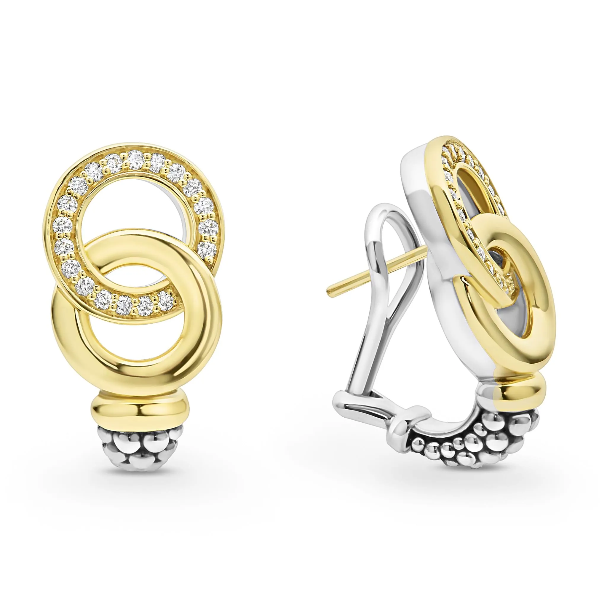 Signature Caviar Two-Tone Interlocking Diamond Omega Clip Earrings sold by LAGOS