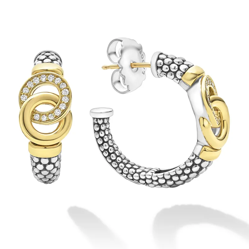Signature Caviar Two-Tone Interlocking Diamond Hoop Earrings sold by LAGOS