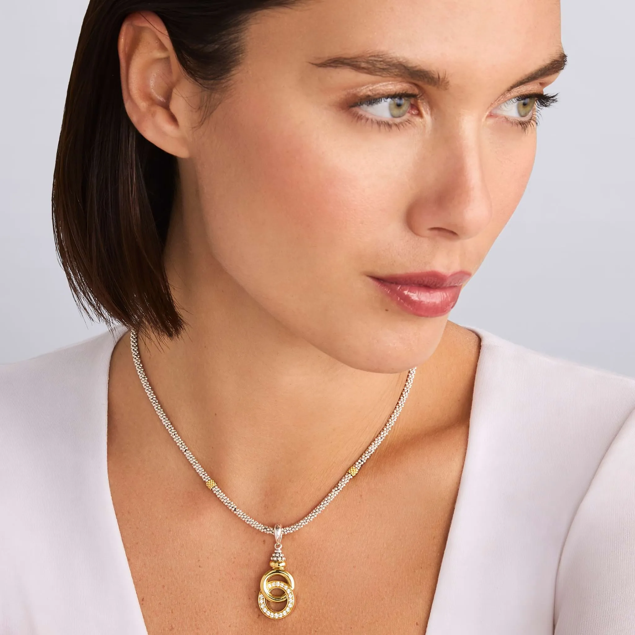 Signature Caviar Two-Tone Interlocking Diamond Pendant Necklace sold by LAGOS product image thumbnail 2