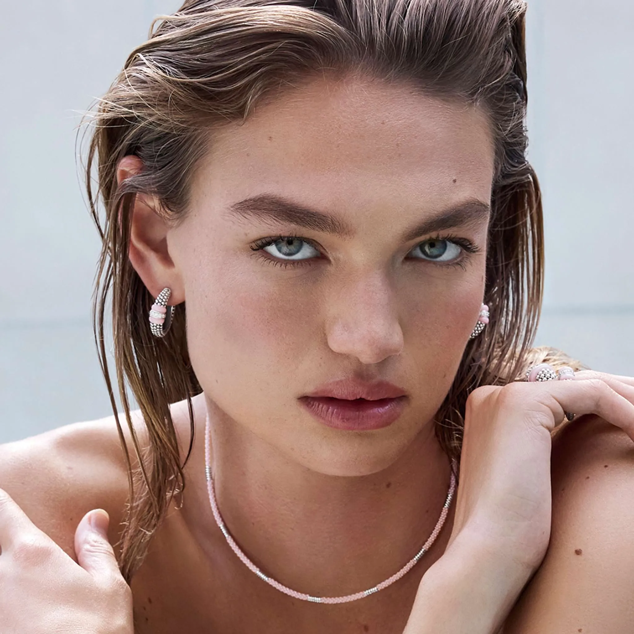 Pink Caviar Pink Ceramic Caviar Diamond Hoop Earrings sold by LAGOS product image thumbnail 5