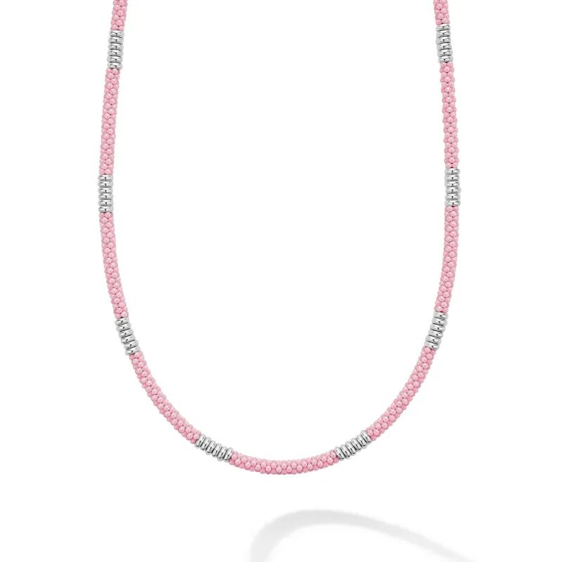Pink Caviar Pink Silver Station Ceramic Beaded Necklace | 3mm sold by LAGOS