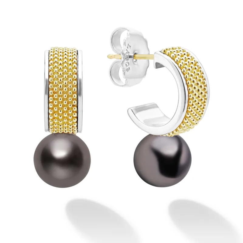 Luna Two-Tone Tahitian Black Pearl Hoop Earrings sold by LAGOS