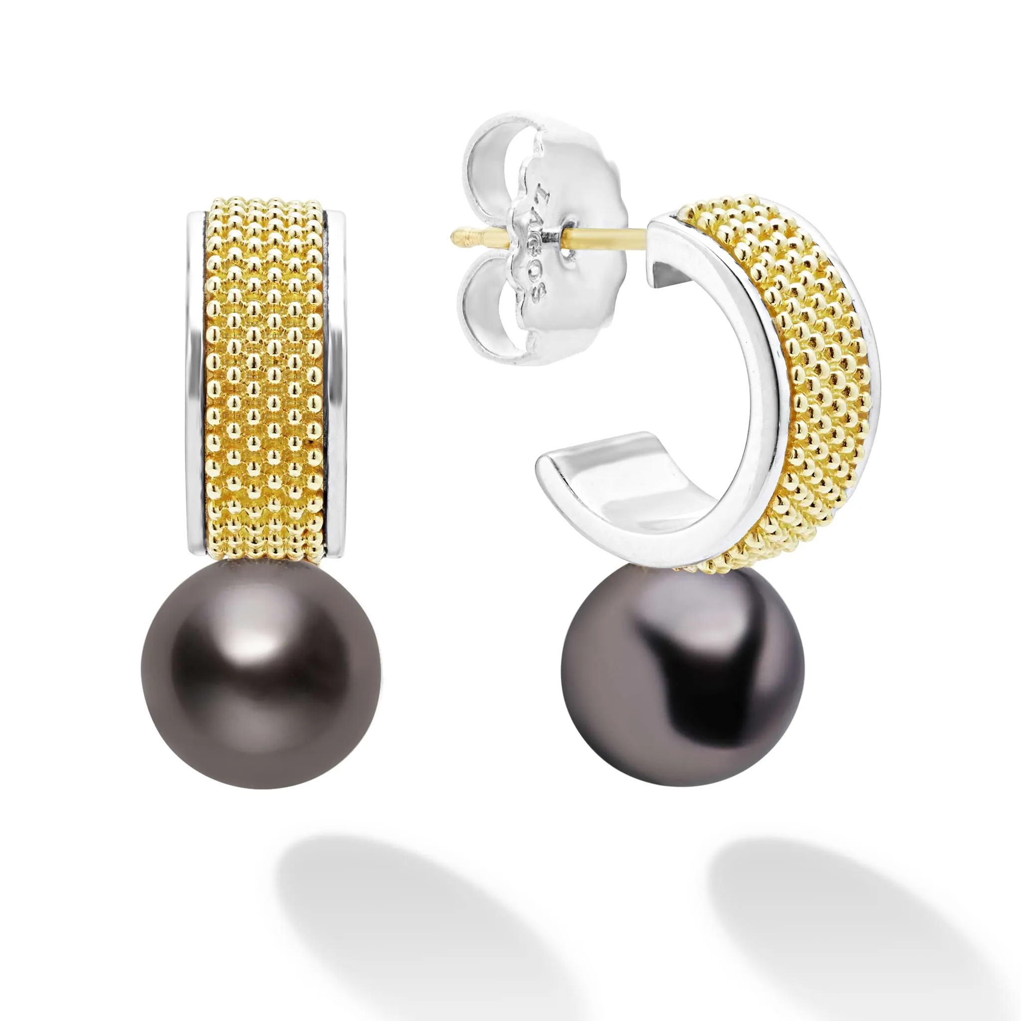 Luna Two-Tone Tahitian Black Pearl Hoop Earrings sold by LAGOS
