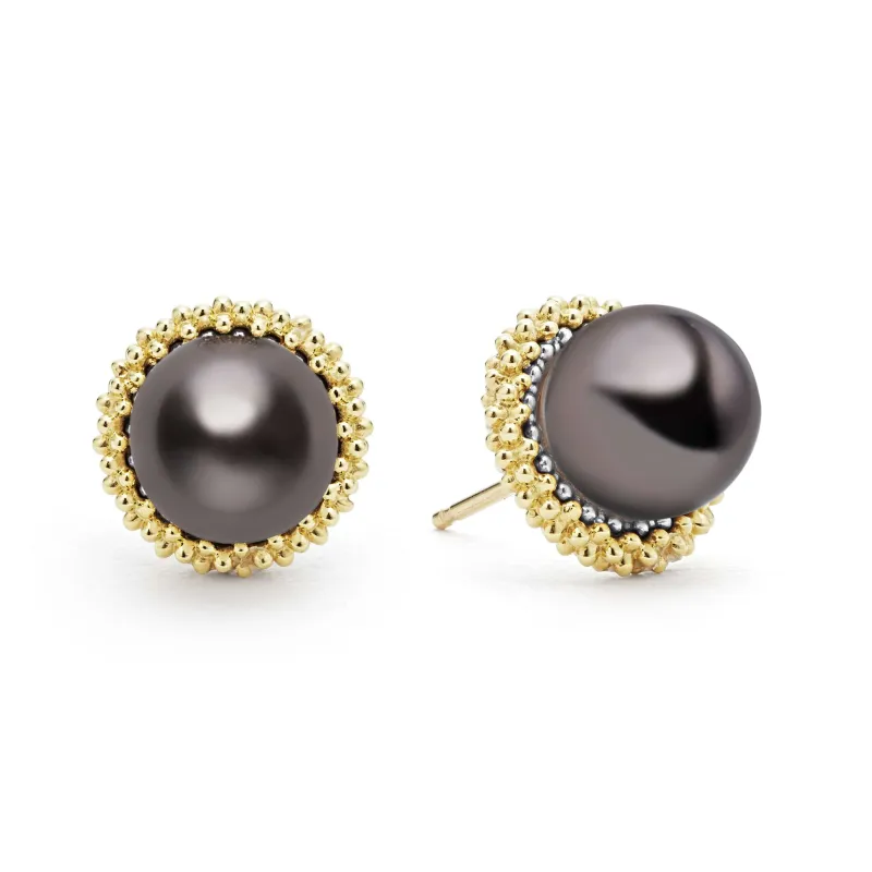 Luna 18K Gold Tahitian Black Pearl Stud Earrings made by LAGOS
