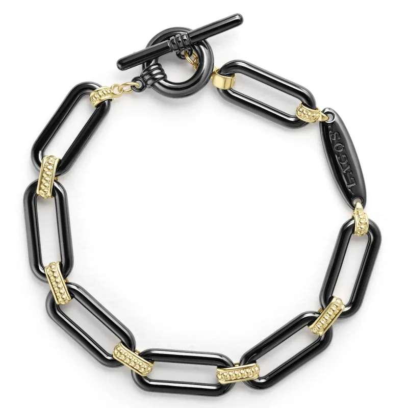 Signature Caviar 18K Gold and Black Ceramic Link Bracelet | 9mm sold by LAGOS