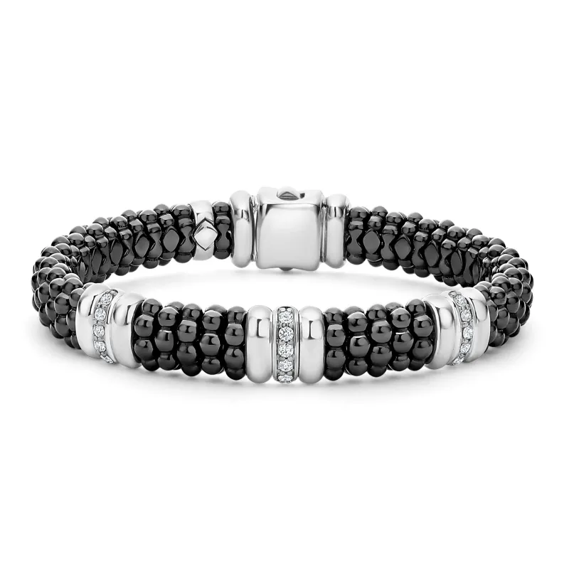 Black Caviar Black Three Station Ceramic Diamond Bracelet | 9mm sold by LAGOS