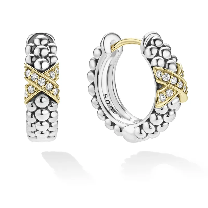 Embrace Two-Tone Diamond Huggie Earrings sold by LAGOS