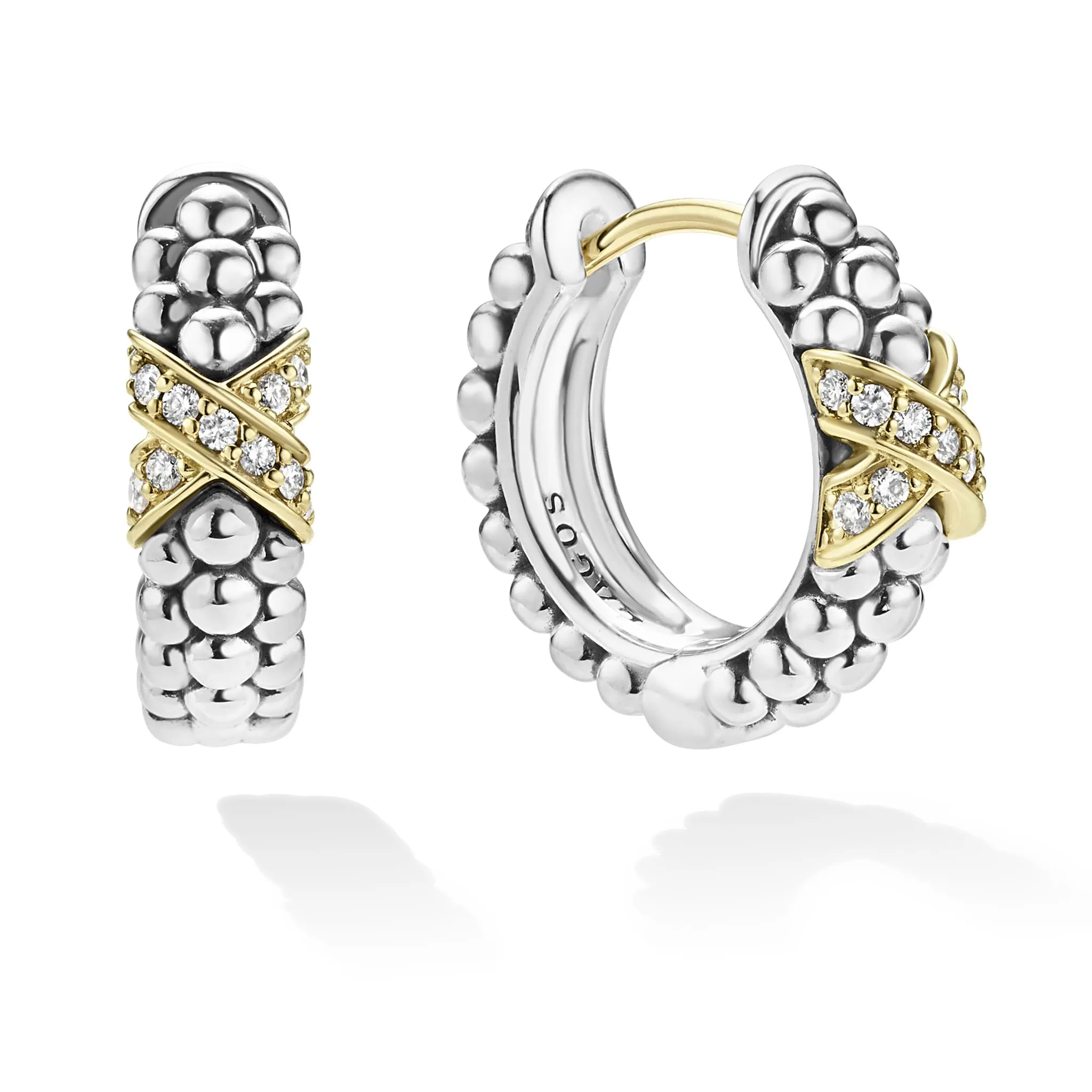 Embrace Two-Tone Diamond Huggie Earrings sold by LAGOS