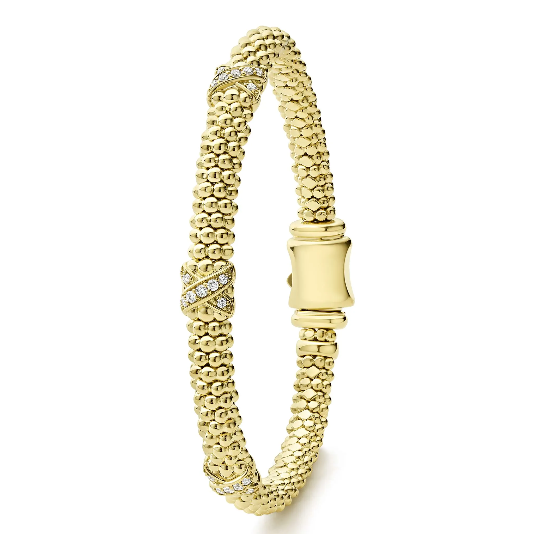 Embrace 18K Gold Three Station X Diamond Caviar Bracelet | 6mm sold by LAGOS product image thumbnail 4