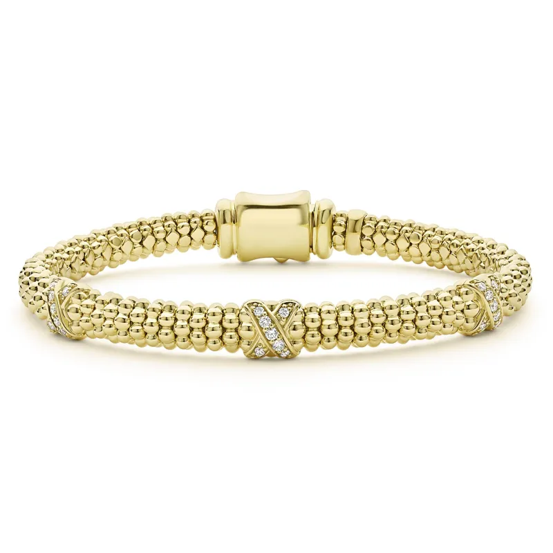 Embrace 18K Gold Three Station X Diamond Caviar Bracelet | 6mm sold by LAGOS