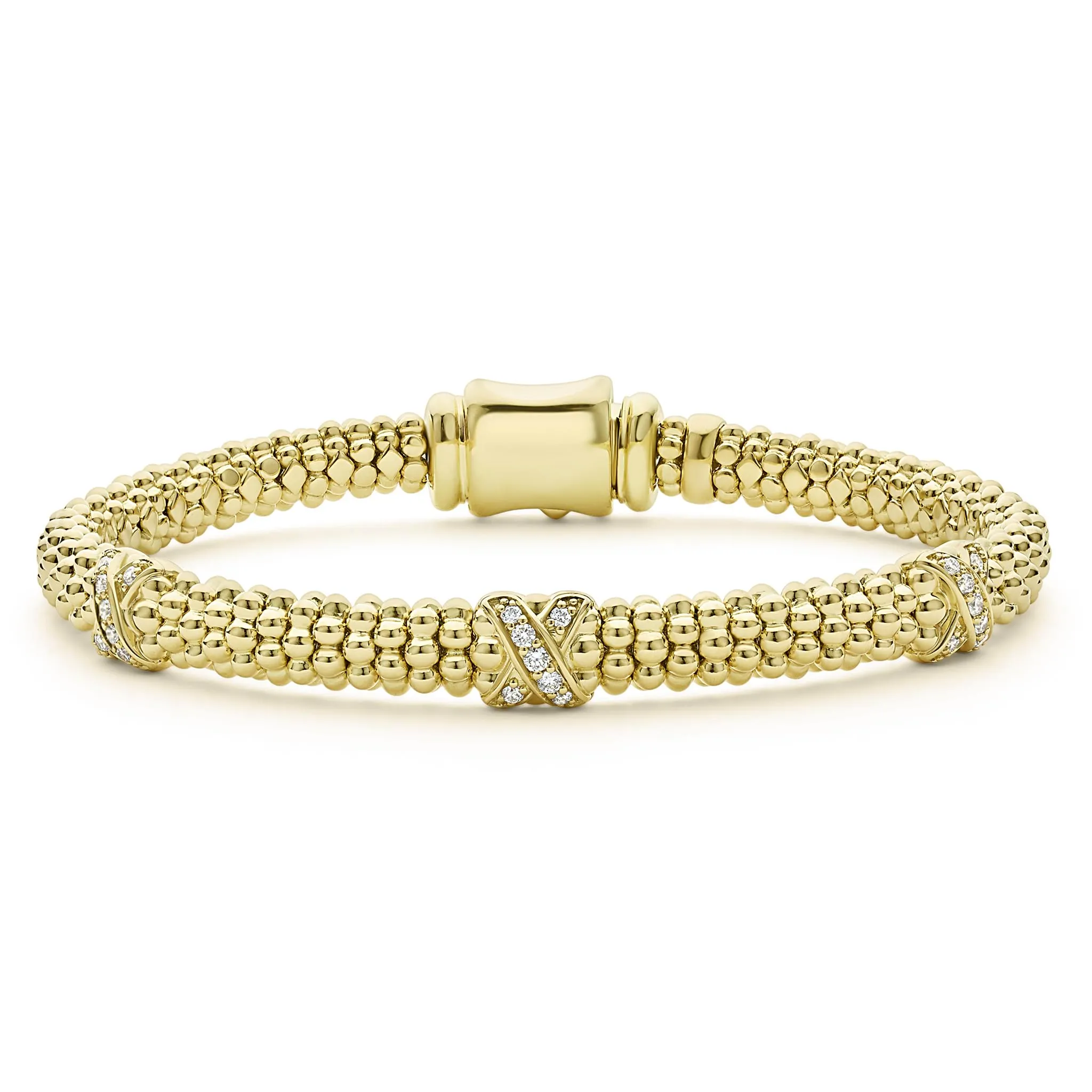 Embrace 18K Gold Three Station X Diamond Caviar Bracelet | 6mm sold by LAGOS