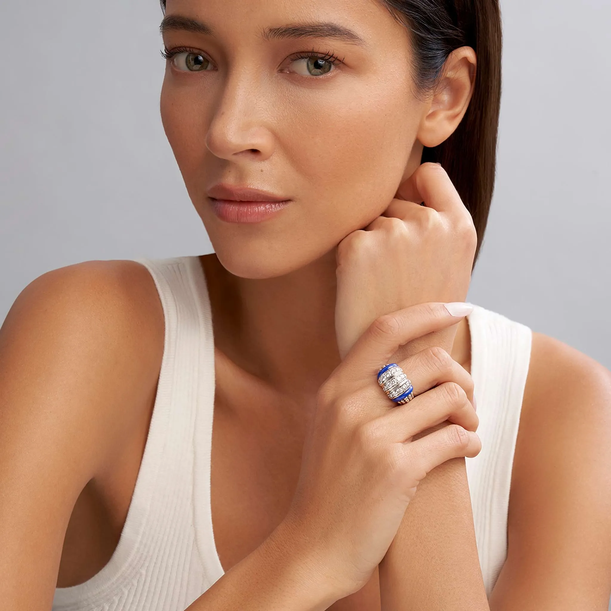 Blue Caviar Ultramarine Three Station Ceramic Caviar Diamond Ring sold by LAGOS product image thumbnail 2