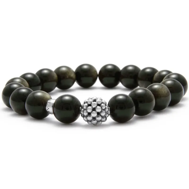 Maya Golden Obsidian Silver Station Bead Bracelet sold by LAGOS