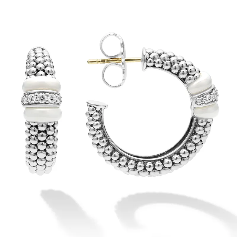 White Caviar White Ceramic Caviar Diamond Hoop Earrings sold by LAGOS