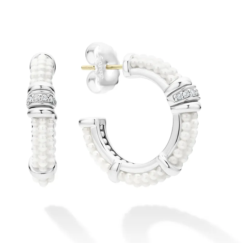 White Caviar White Ceramic and Diamond Hoop Earrings sold by LAGOS