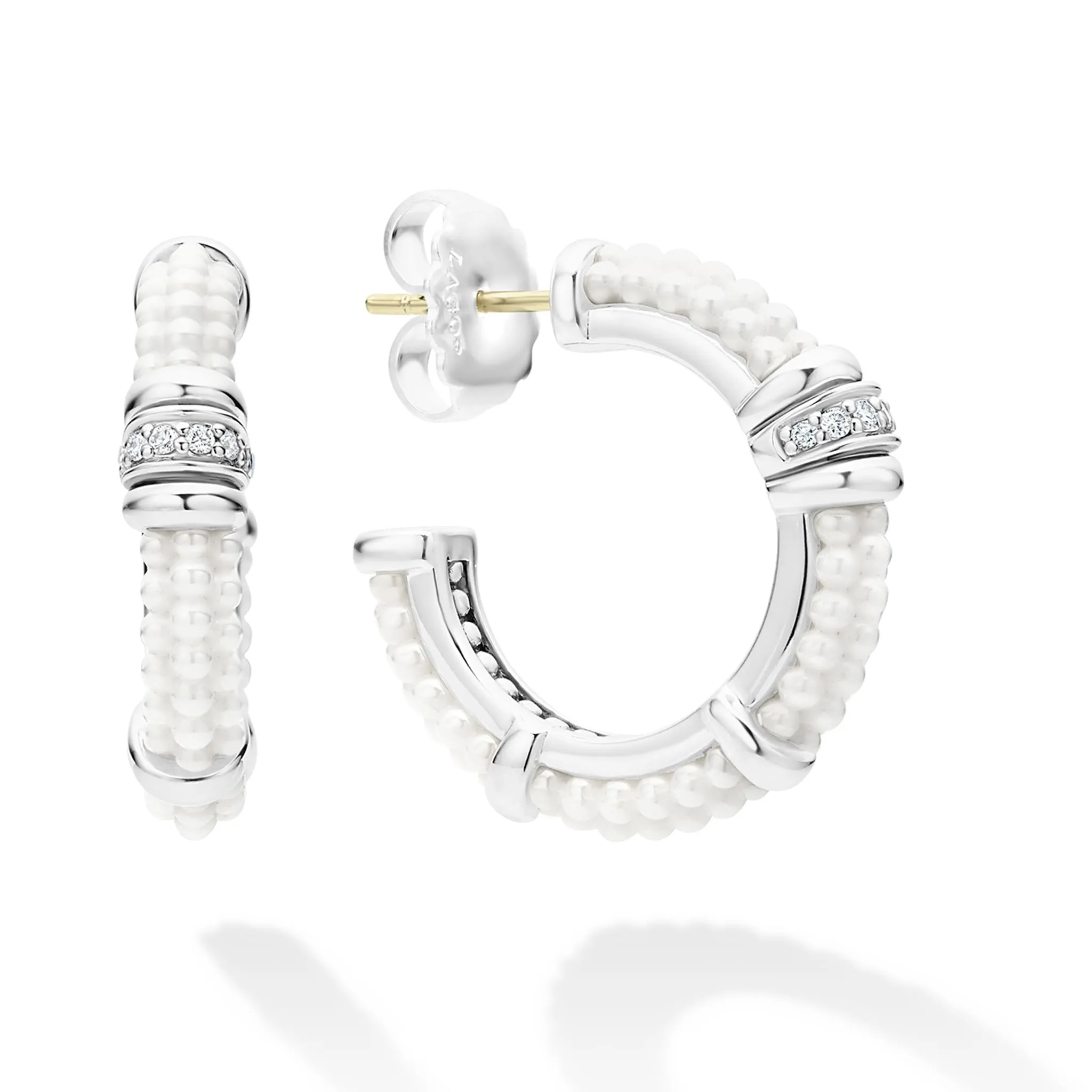 White Caviar White Ceramic and Diamond Hoop Earrings sold by LAGOS