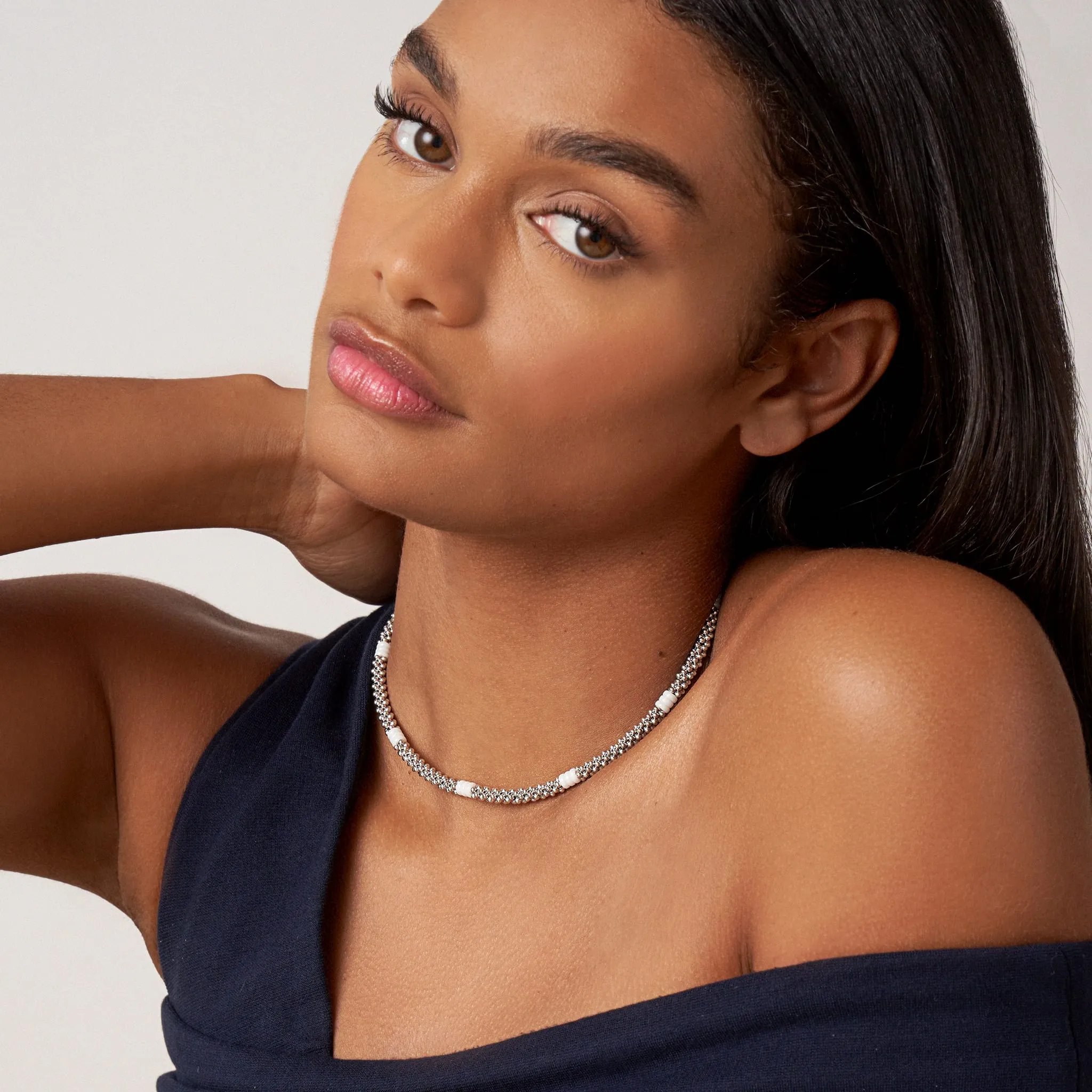 White Caviar White Ceramic Three Bead Station Caviar Necklace sold by LAGOS product image thumbnail 2