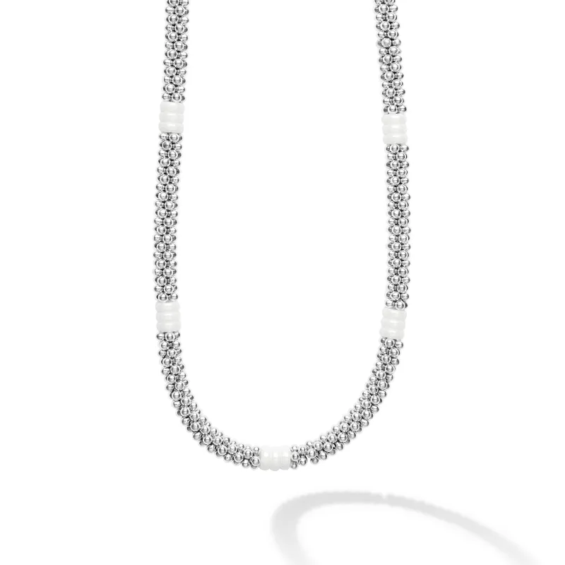 White Caviar White Ceramic Three Bead Station Caviar Necklace sold by LAGOS
