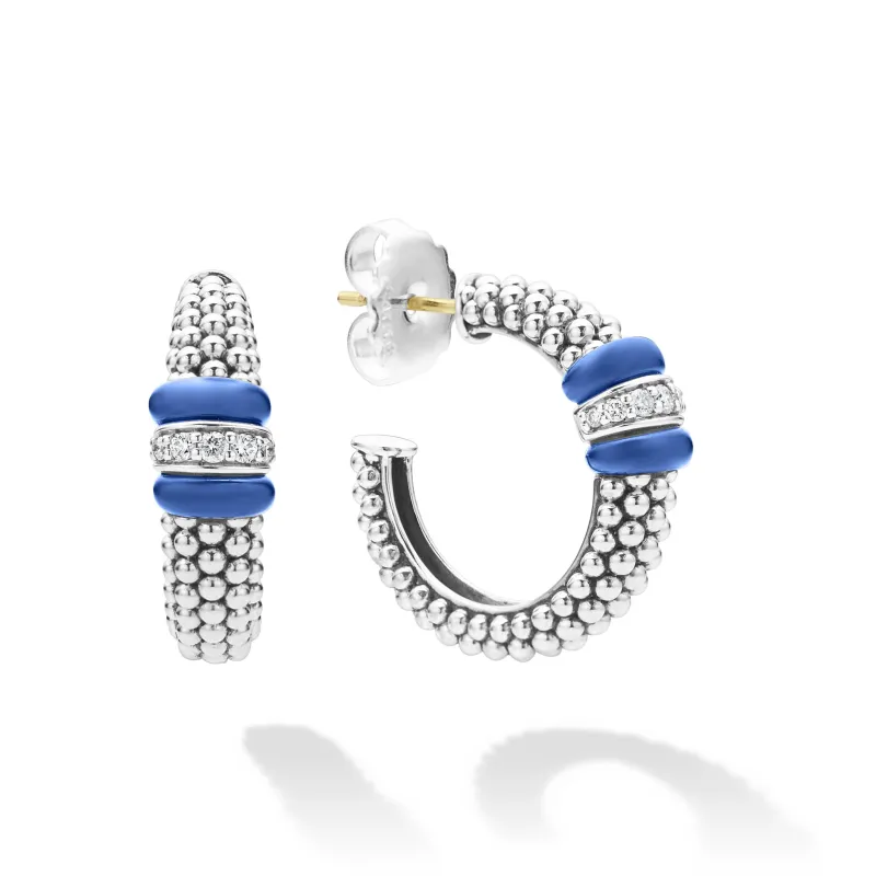 Blue Caviar Ultramarine Ceramic Caviar Diamond Hoop Earrings sold by LAGOS