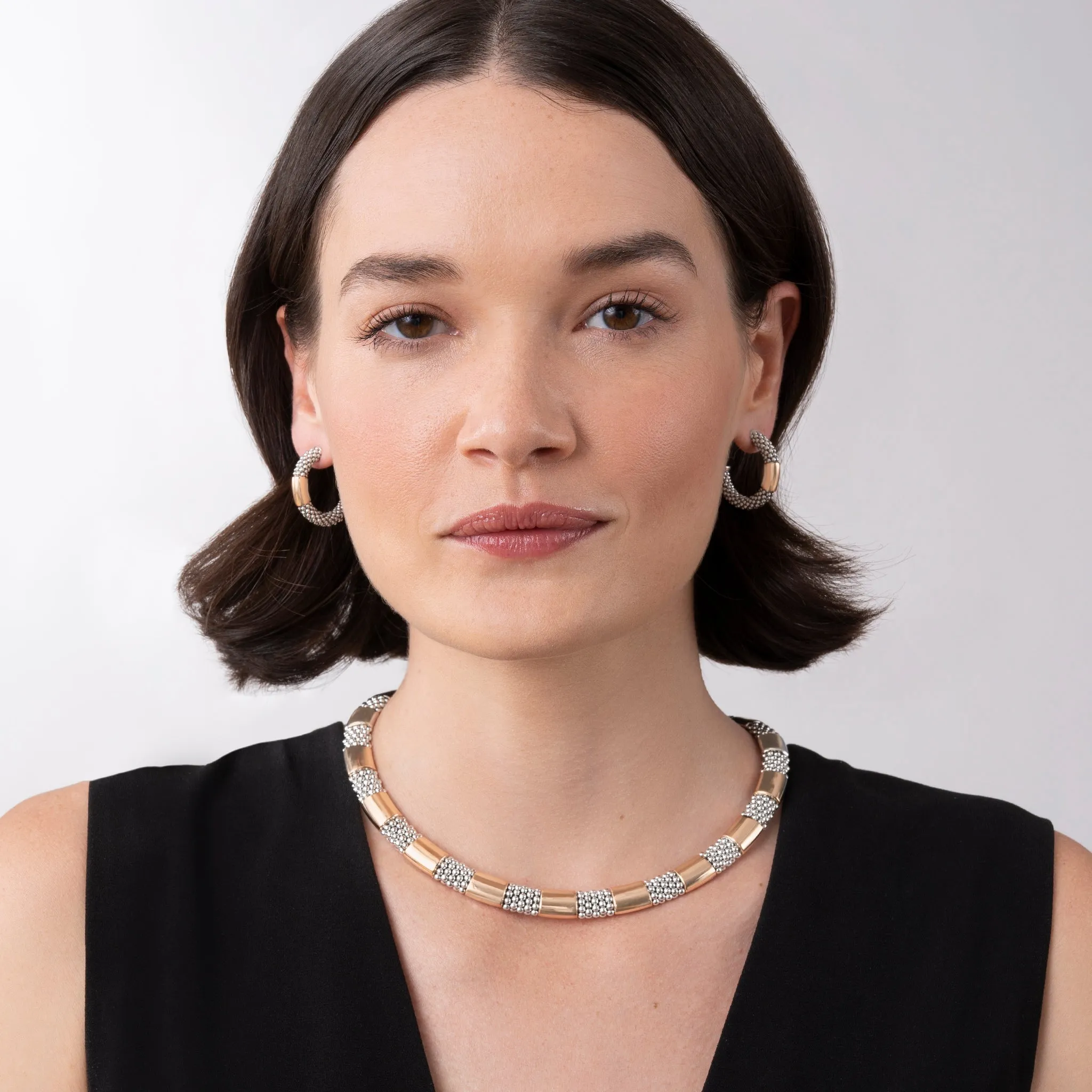 High Bar Rose Gold Station Caviar Hoop Earrings sold by LAGOS product image thumbnail 5