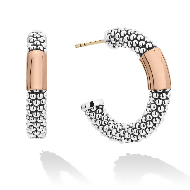 High Bar Rose Gold Station Caviar Hoop Earrings sold by LAGOS