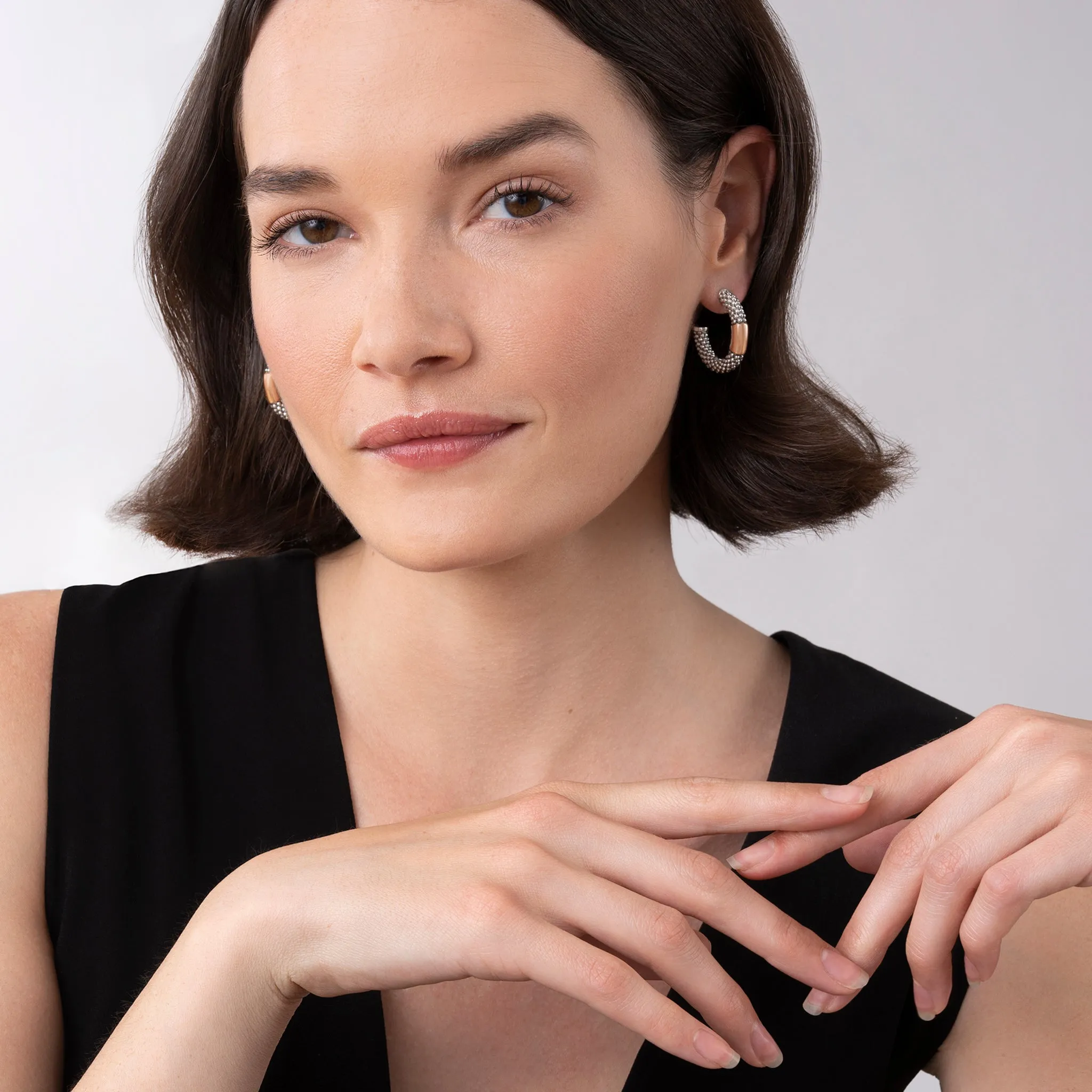 High Bar Rose Gold Station Caviar Hoop Earrings sold by LAGOS product image thumbnail 2