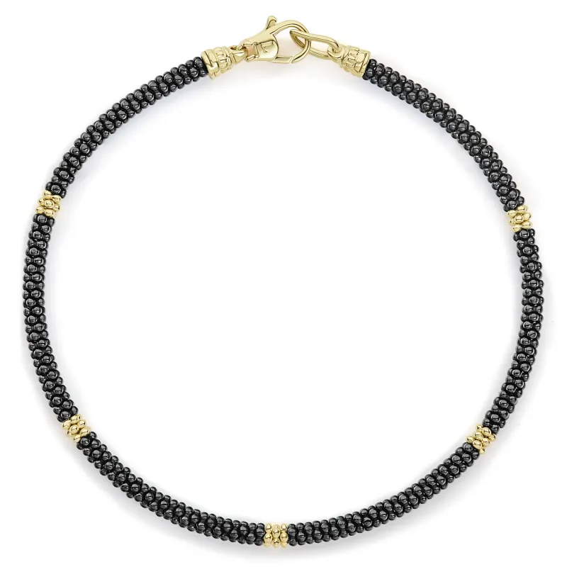 Black Caviar Five Gold Station Thin Ceramic Bracelet | 3mm sold by LAGOS