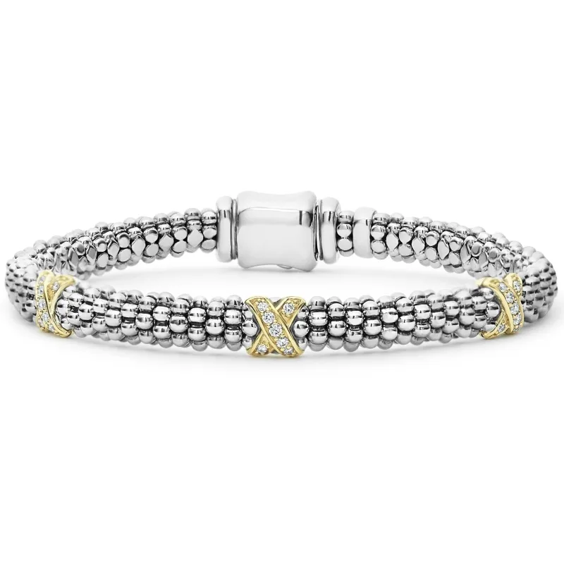 Embrace Three Station Gold X Diamond Caviar Bracelet | 6mm sold by LAGOS