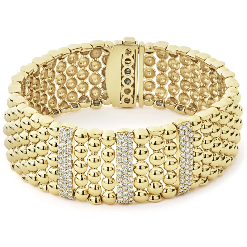 Caviar Gold Three Station 18K Gold Diamond Bracelet | 20mm sold by LAGOS