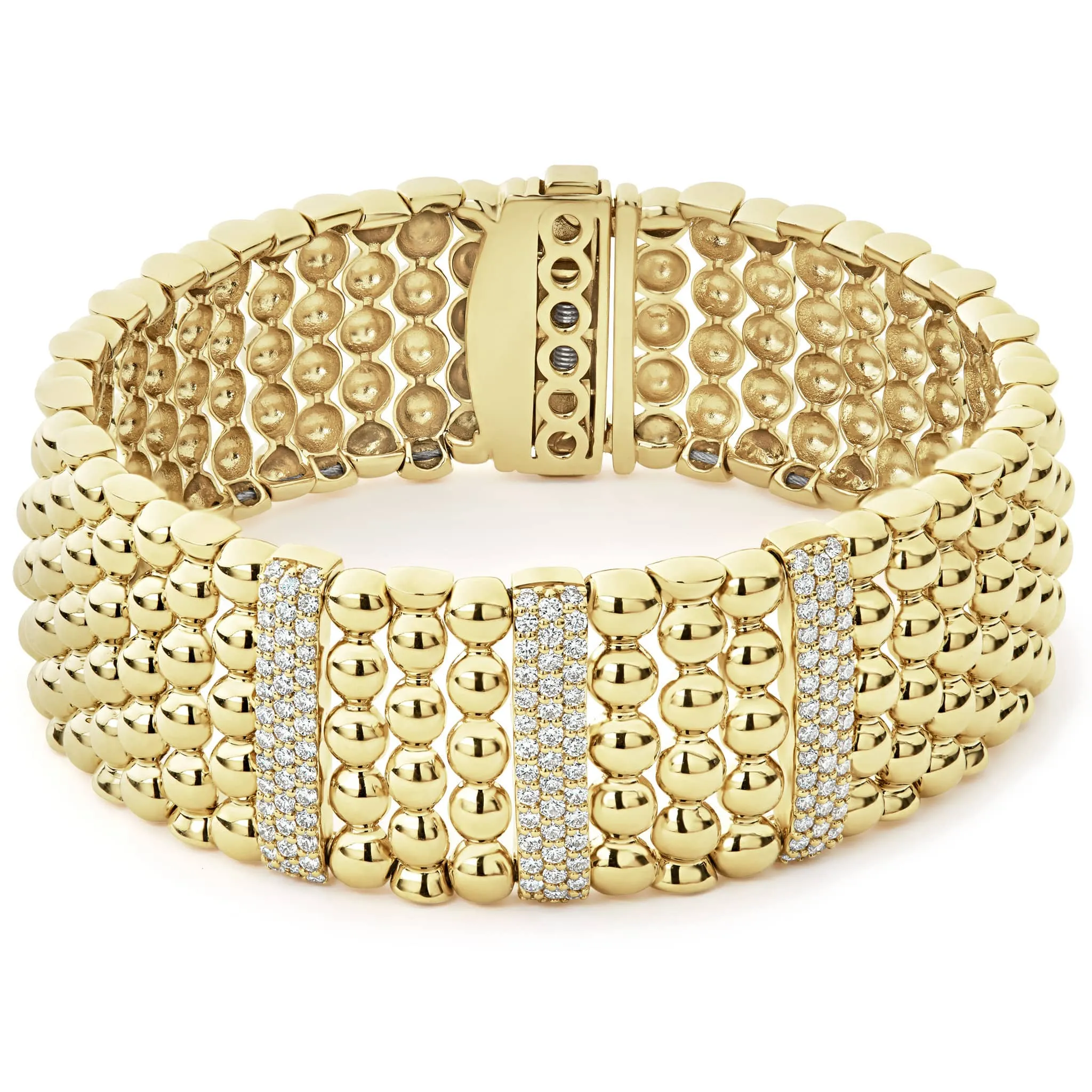 Caviar Gold Three Station 18K Gold Diamond Bracelet | 20mm sold by LAGOS