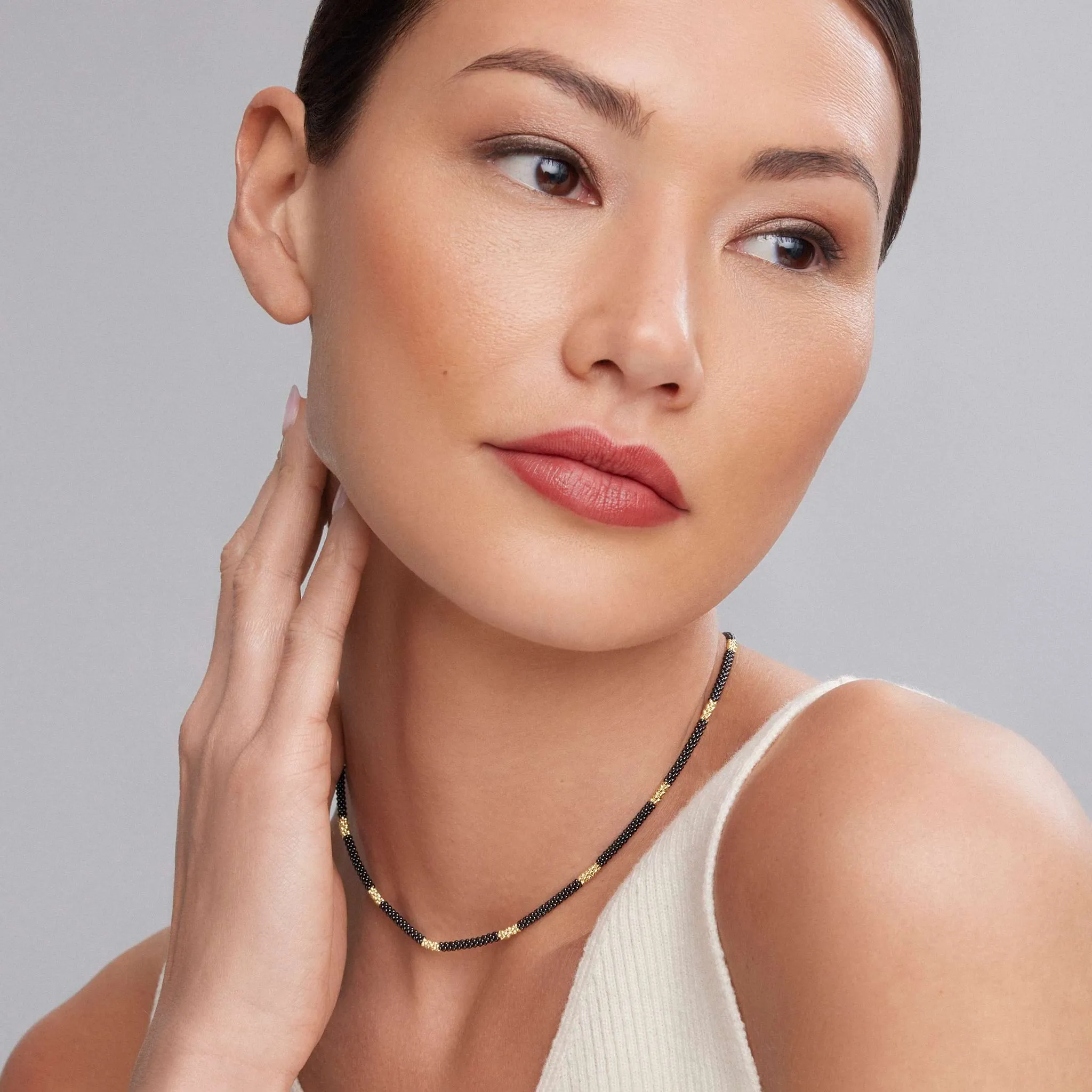 Black Caviar 18K Gold Small Station Ceramic Beaded Necklace | 3mm sold by LAGOS product image thumbnail 2