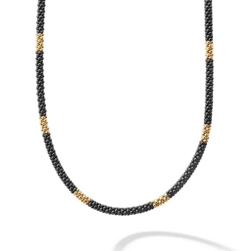 Black Caviar 18K Gold Small Station Ceramic Beaded Necklace | 3mm sold by LAGOS