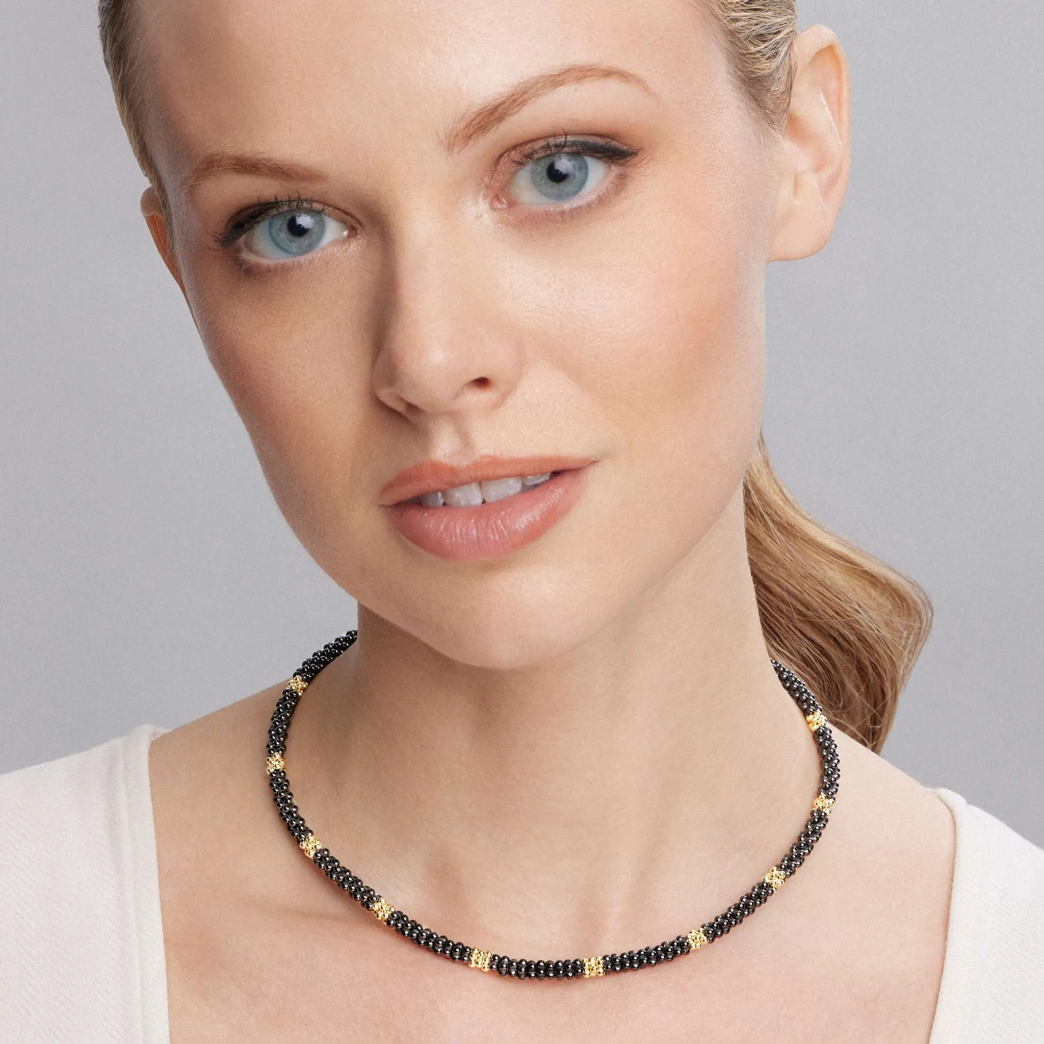 Black Caviar 18K Gold Small Station Ceramic Beaded Necklace | 5mm sold by LAGOS product image thumbnail 2