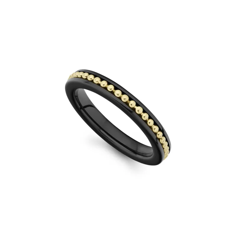 Meridian 18K Gold Caviar and Black Ceramic Stacking Ring sold by LAGOS