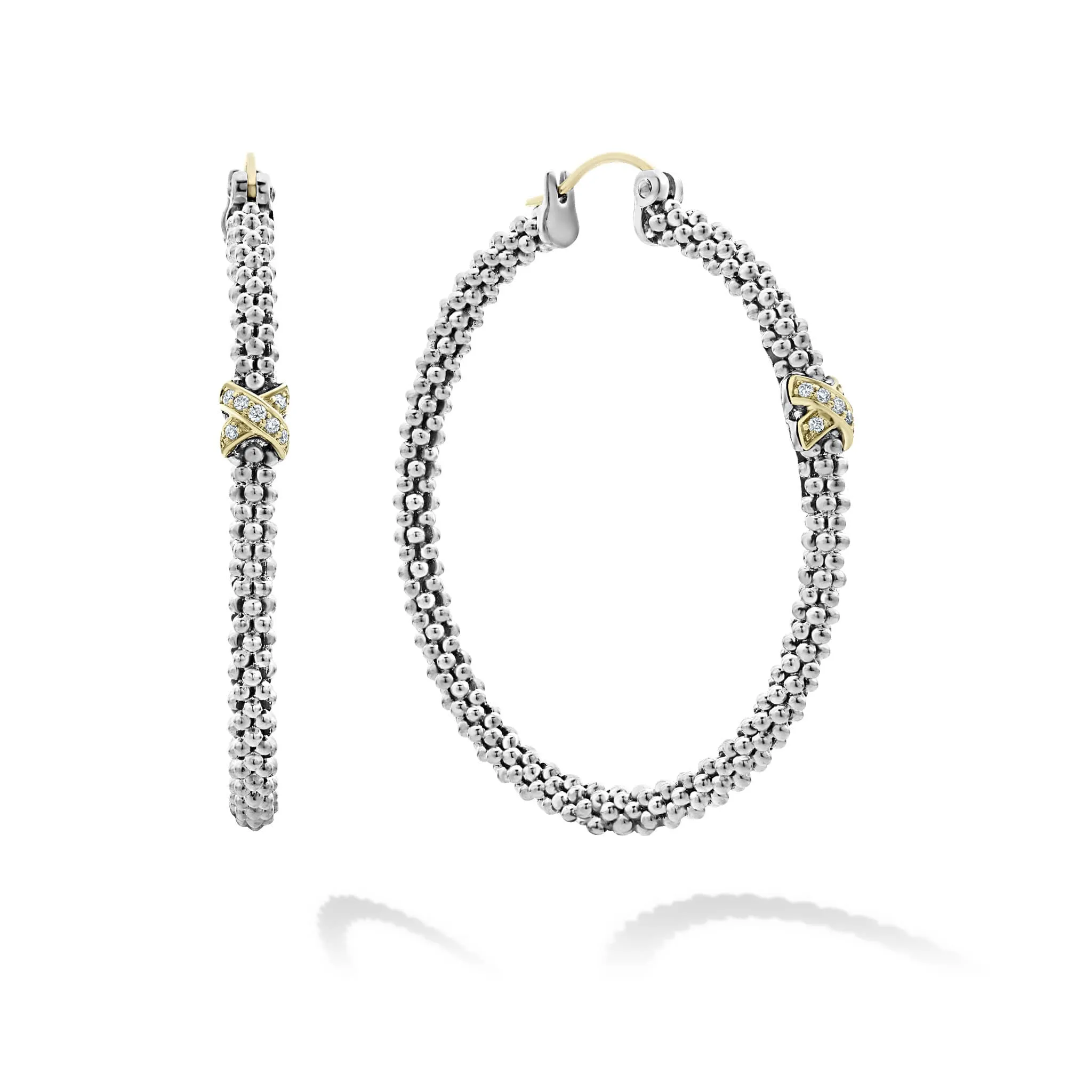 Embrace Large X Diamond Caviar Hoop Earrings sold by LAGOS